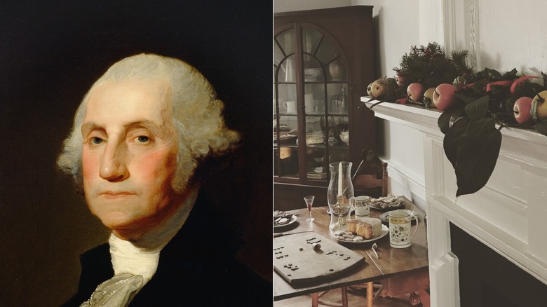 Side-by-side picture of George Washington and the interior of Gadsby's Tavern Museum