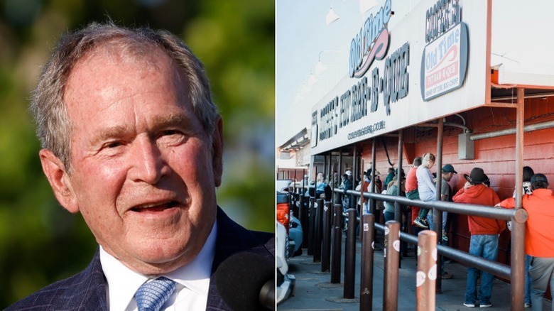 Side-by-side picture of George W. Bush and Cooper's Old-Time Pit Bar-B-Que exterior