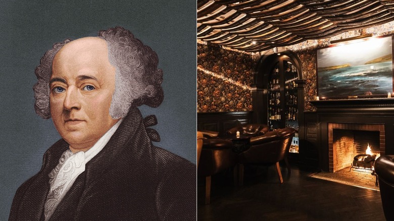 Side-by-side picture of John Adams and the interior of Fraunces Tavern