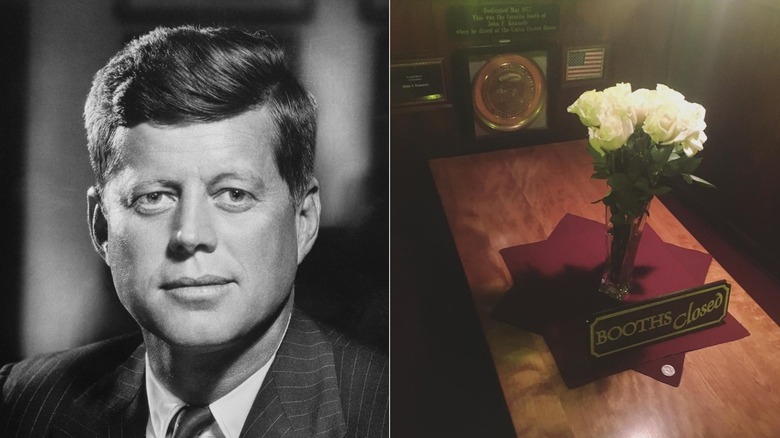 Side-by-side picture of John F. Kennedy and his booth in Union Oyster House, with a bunch of flowers placed on the table in memoriam