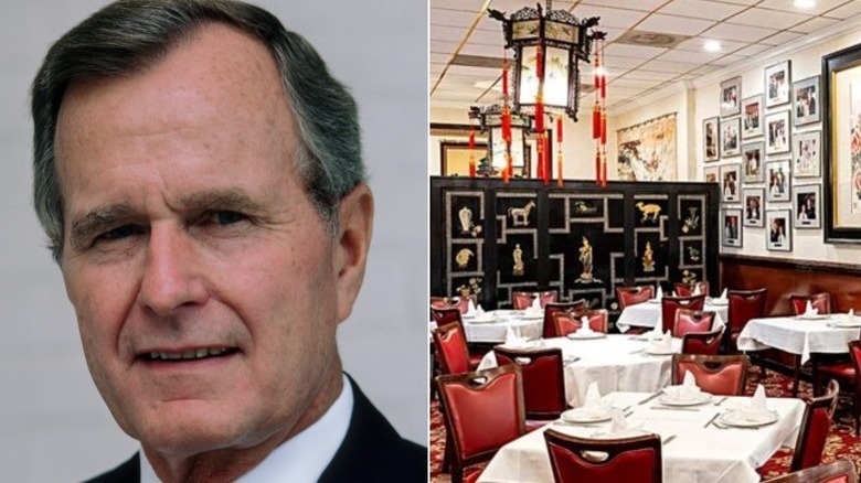 Side-by-side picture of George H. W. Bush and Peking Gourmet Inn dining room