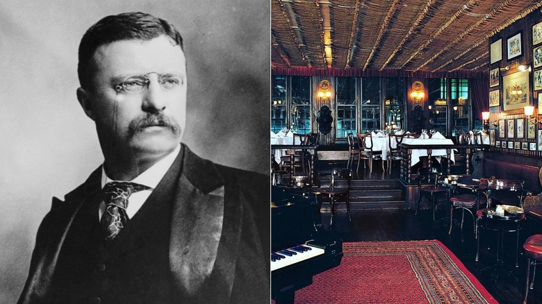 Side-by-side picture of Theodore Roosevelt and the interior of the Lincoln Room at Keens Steakhouse