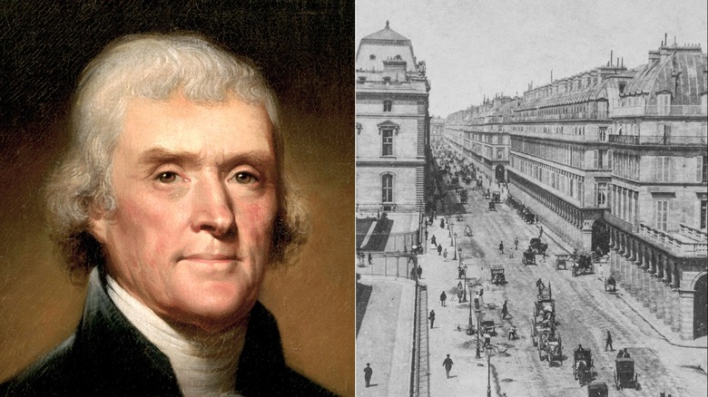 Side-by-side picture of Thomas Jefferson and the Rue de Rivoli in Paris, circa 1870