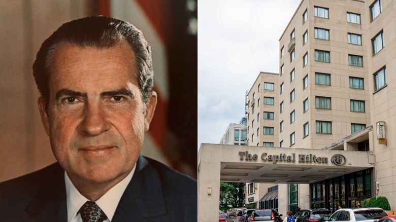 Side-by-side picture of Richard Nixon and The Capital Hilton, formerly known as the Statler Hilton