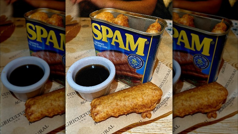 Spam fritters with sauce