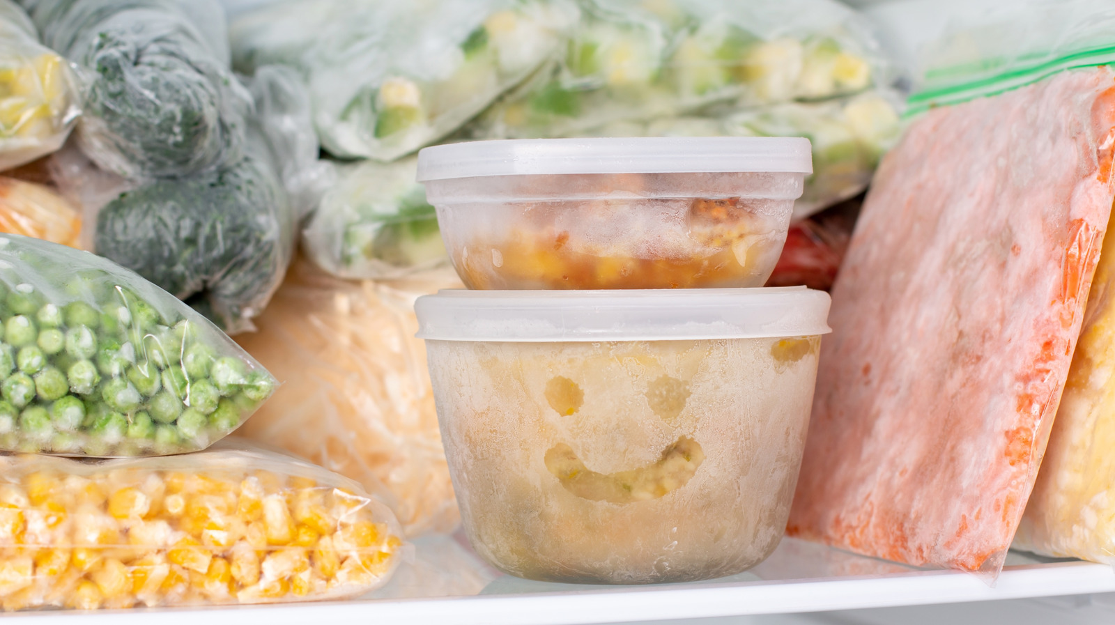 Frozen food in the freezer. Bagged frozen meat and other foods in