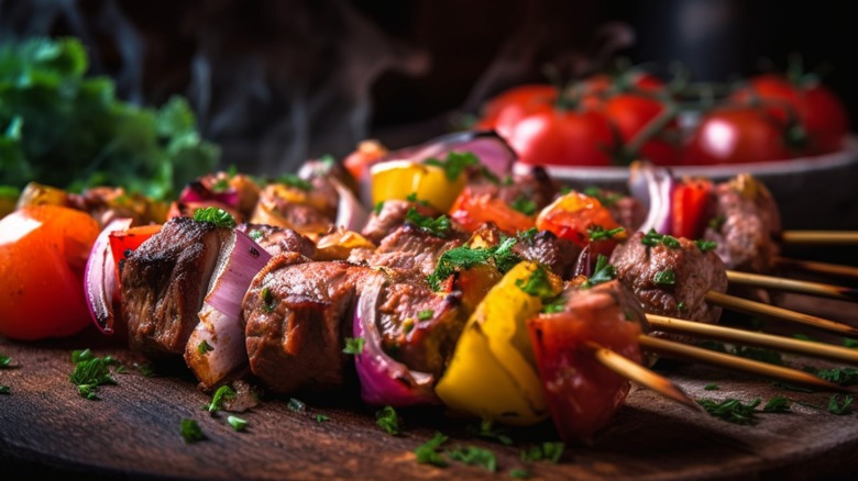 skewers of meat and vegetables