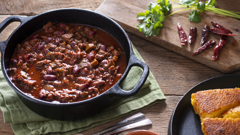 Pan of chili with cornbread