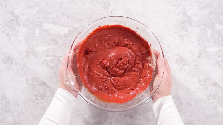 Shiny red velvet cake batter