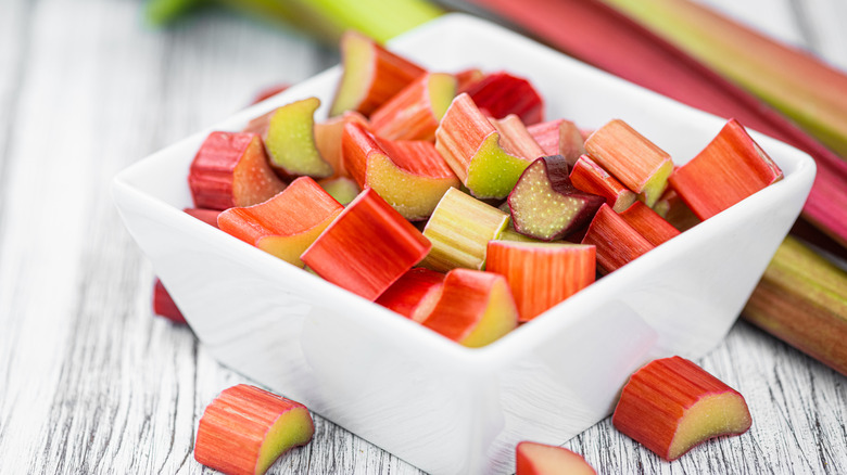 Chopped rhubarb in square bowl