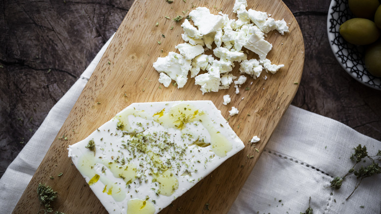 feta cheese on wooden board