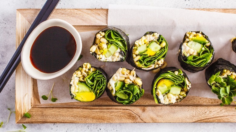 Vegan sushi with soy sauce