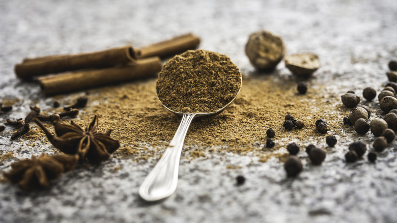 Ingredients for pumpkin pie spice mix and spoonful of spice