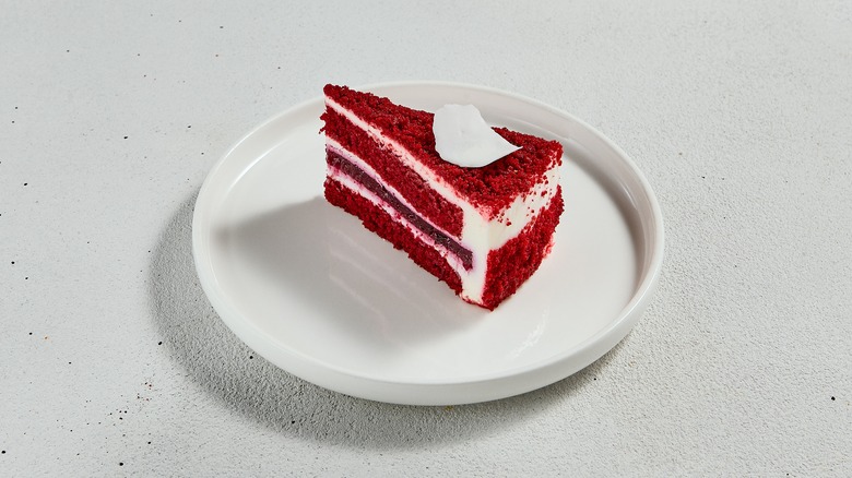 Red velvet cake on white plate