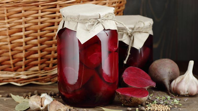 Canned beets in jars