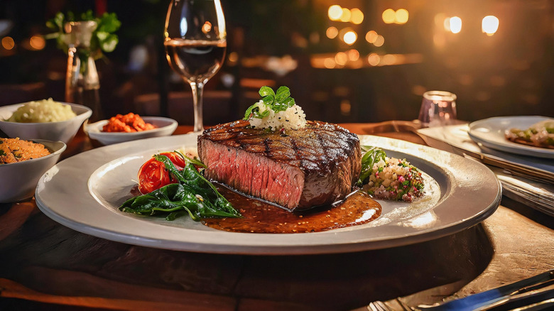 Rare steak sliced down the middle on plate in restaurant, with glass of wine in the background