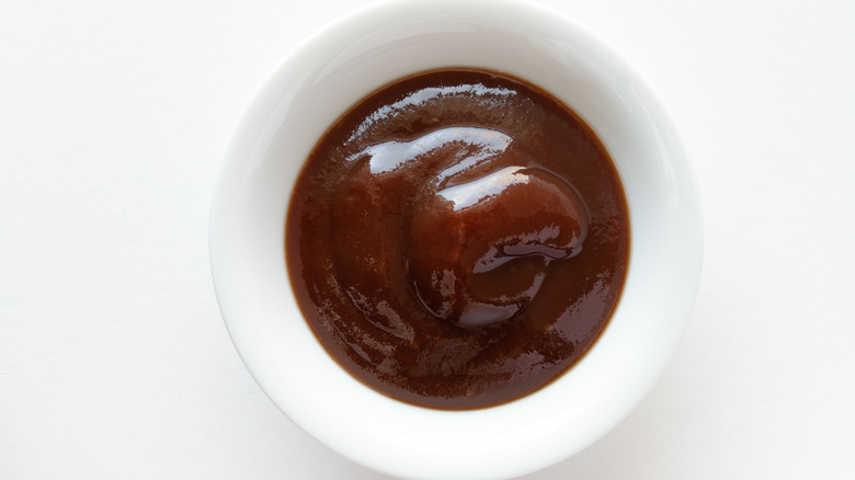 Steak sauce in a white bowl