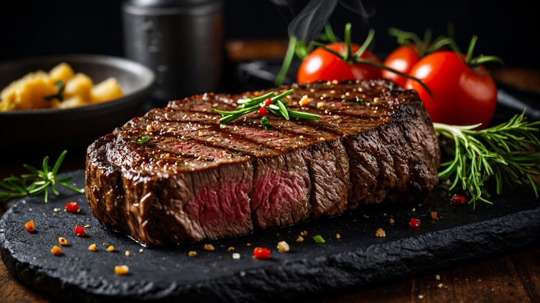 Seared steak on black board with rosemary and tomatoes