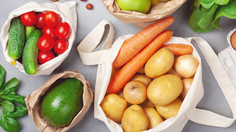 fruits and vegetables in bags