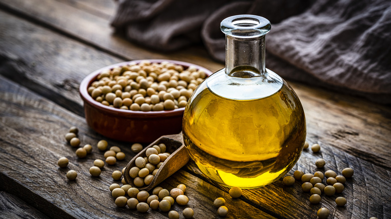 Soybean oil on table