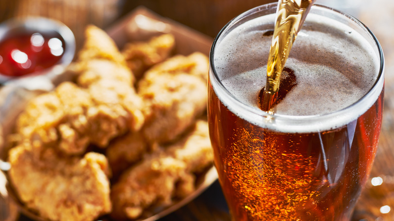 Amber beer and fried chicken