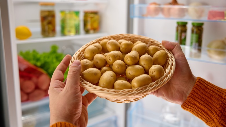 Two hands holding a basket of potatoes in front of an open refridgerator