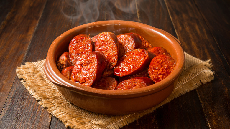 Cooked chorizo in tapas bowl