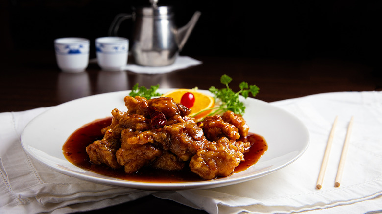 Chinese orange beef on plate