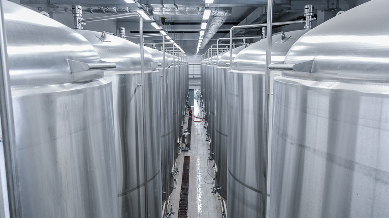 Metal tanks in brewery