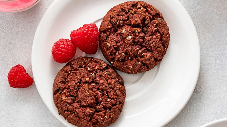 Two chocolate raspberry oatmeal cookies