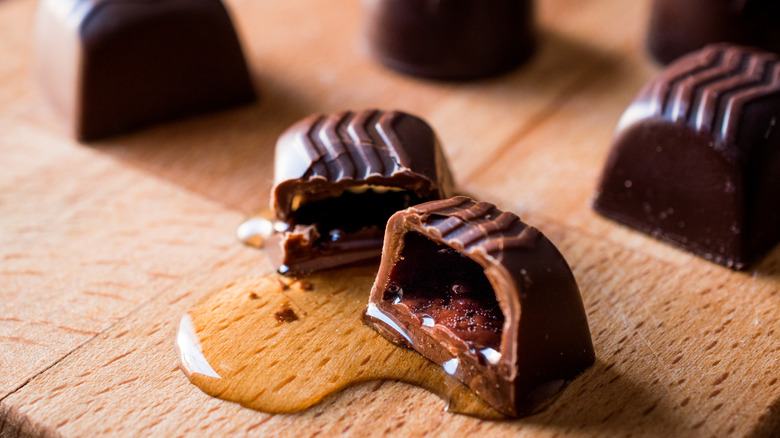 Chocolate cordials, gel oozing out