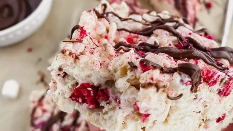 Chocolate raspberry drizzled rice treats