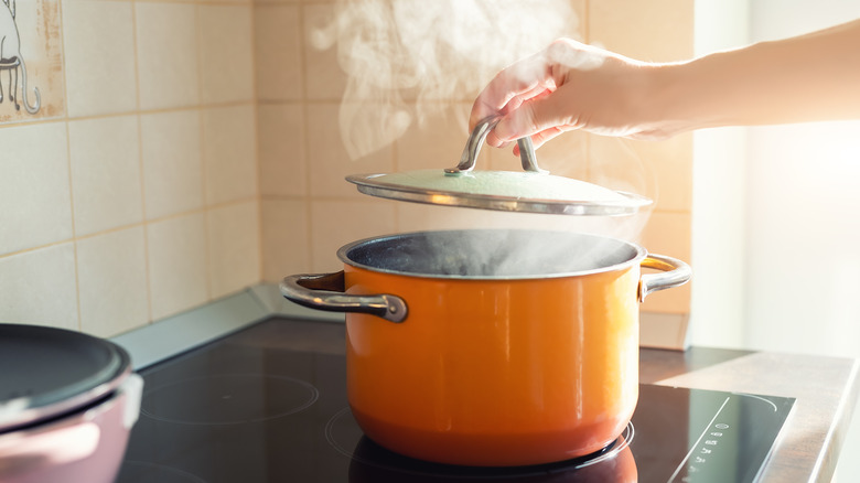 orange pot of steaming water hand lifting lid