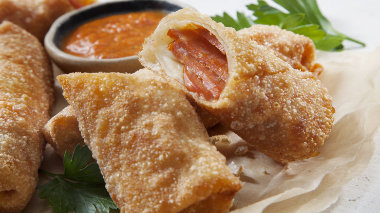 Pepperoni pizza rolls with marinara dipping sauce