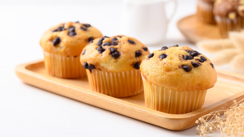 Chocolate chip muffins on white tray