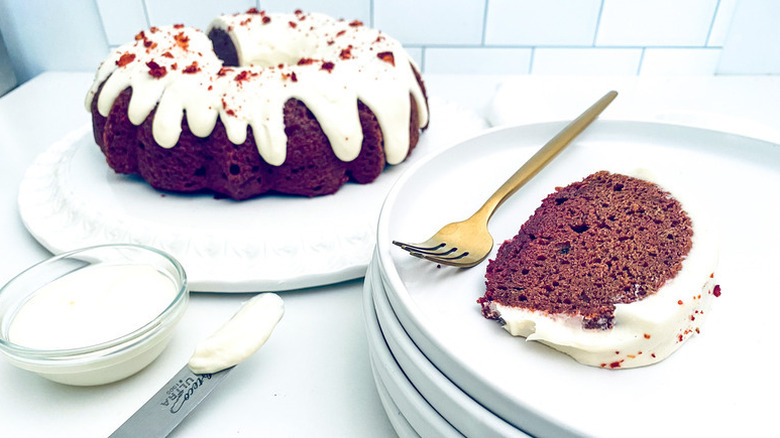 Sliced red velvet bundt cake