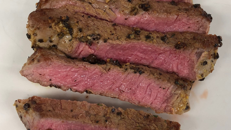 Cut pieces of rare steak