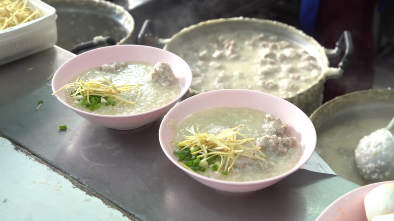 Bowls of congee on counter