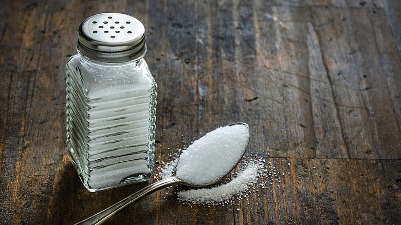 salt shaker with salt in spoon