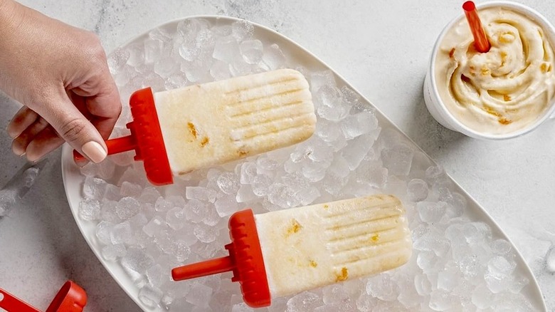 Peach Milkshake Popsicles on ice