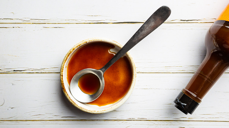 bowl and spoon with worcestershire sauce