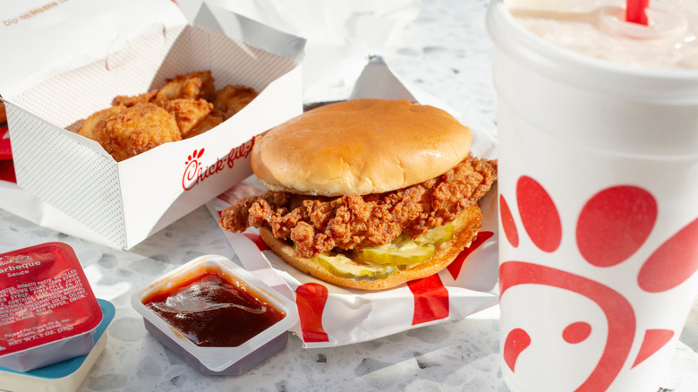 Chick-fil-A combo meal, with Chick-fil-A chicken sandwich in the center