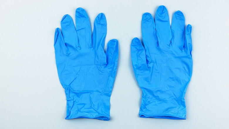 pair of blue plastic gloves