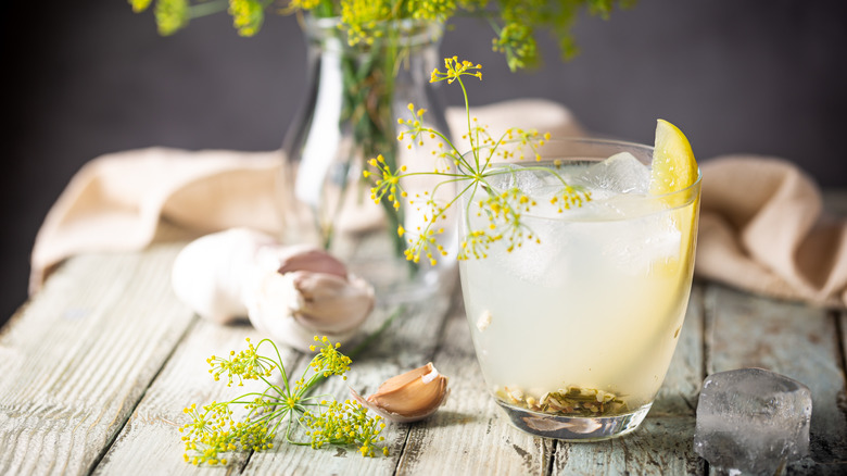 dill pickle cocktail with herbs