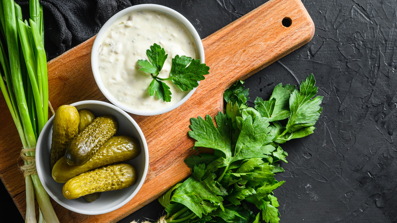 bowls of pickles and dip