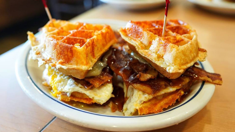 IHOP loaded waffle breakfast sandwich