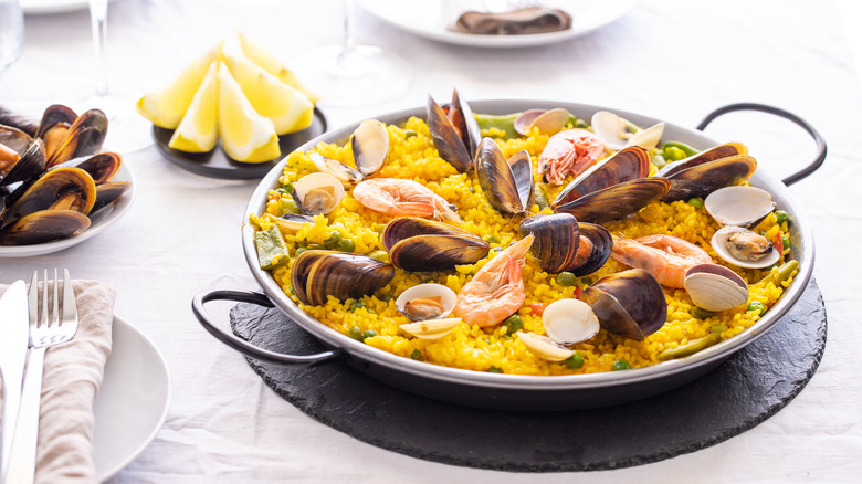 seafood paella with ingredients