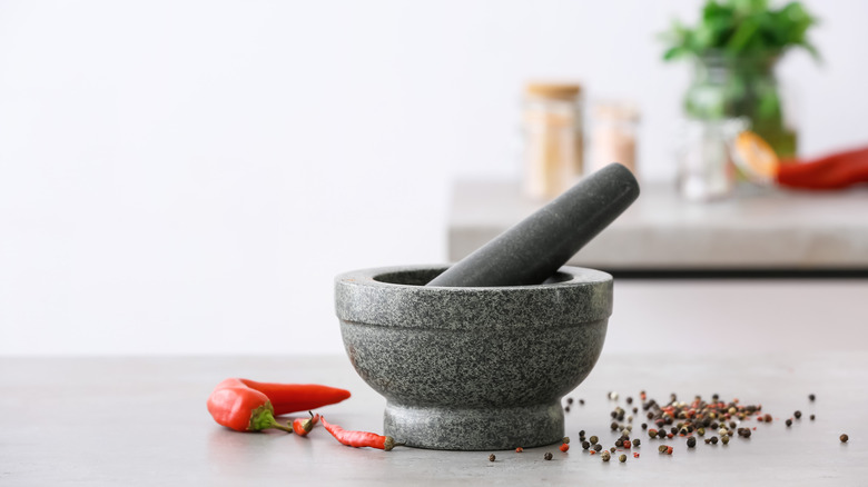 mortar and pestle in kitchen