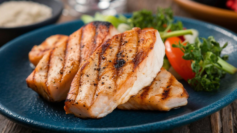 Grilled swordfish steaks on plate with vegetables