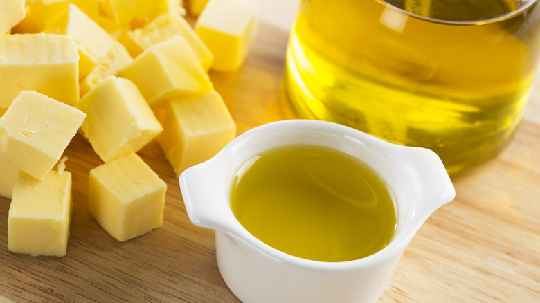 olive oil and cubes of butter